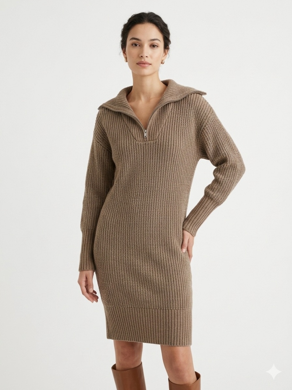 cupcakes & cashmere Taupe Ribbed Zip-Neck Midi Dress size XS